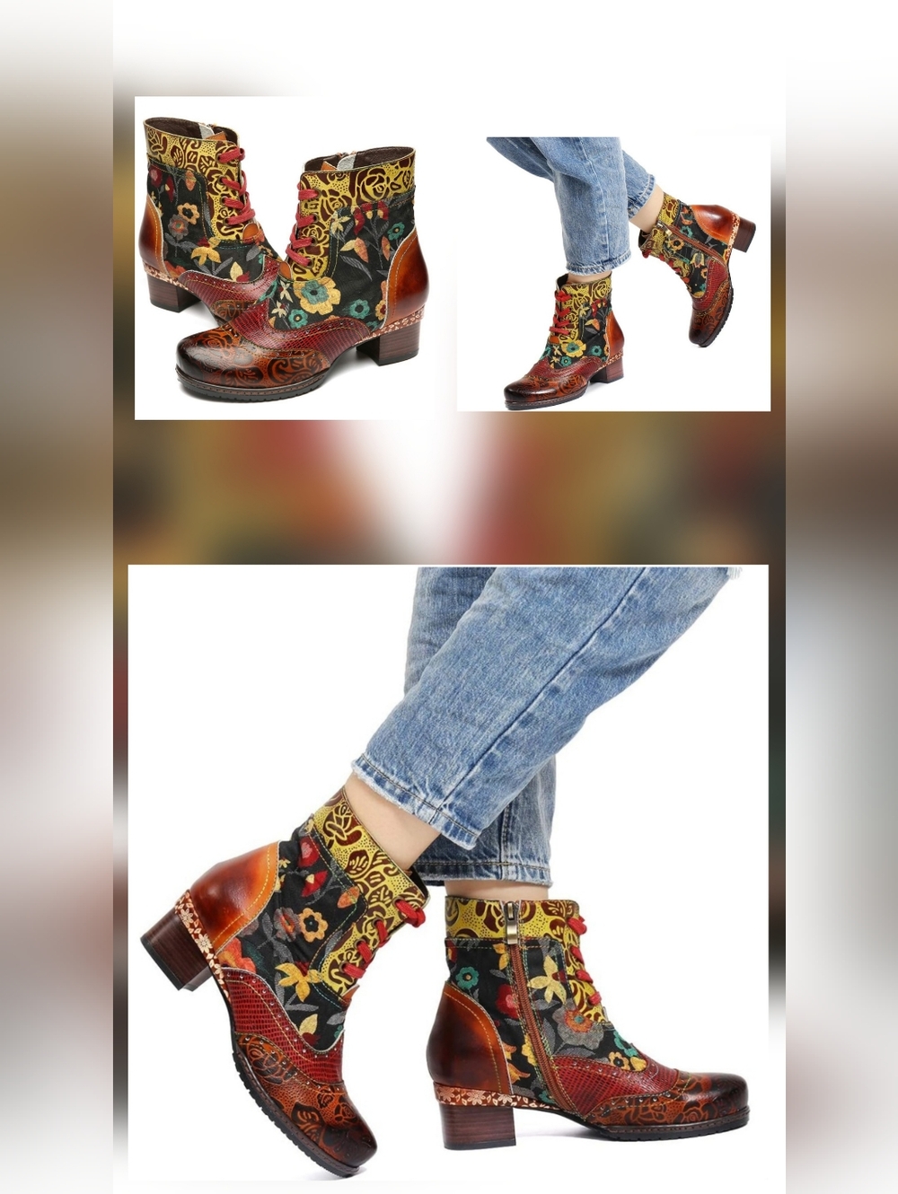 Gracosy Leather Floral Embroidered Multi-Color Leather Ankle Boots Artsy Boho 38